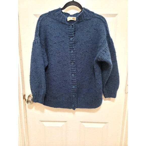 Handmade Blue Wool Button-Up Cardigan Sweater With Ribbed Hem & Cuffs - Picture 3 of 11